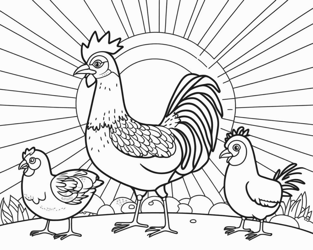 Розмальовка півня з довгим хвостом між двома курками на тлі сонця, що сходить